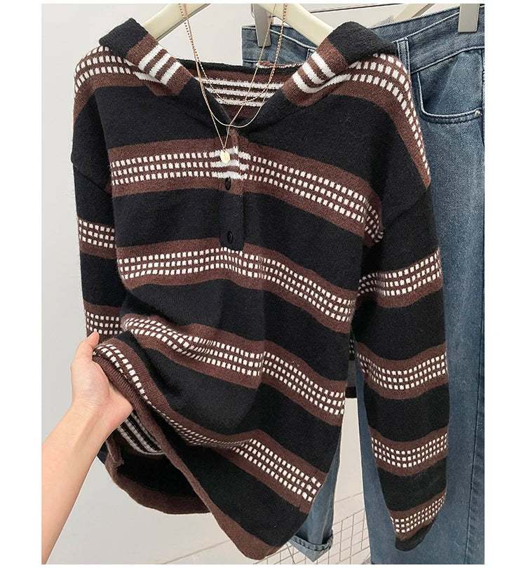 Plus Size Women's Clothing 2024 Autumn and Winter New Fashion Lazy Knit Sweater Chubby Girl Striped Hooded Sweater Jacket Coat