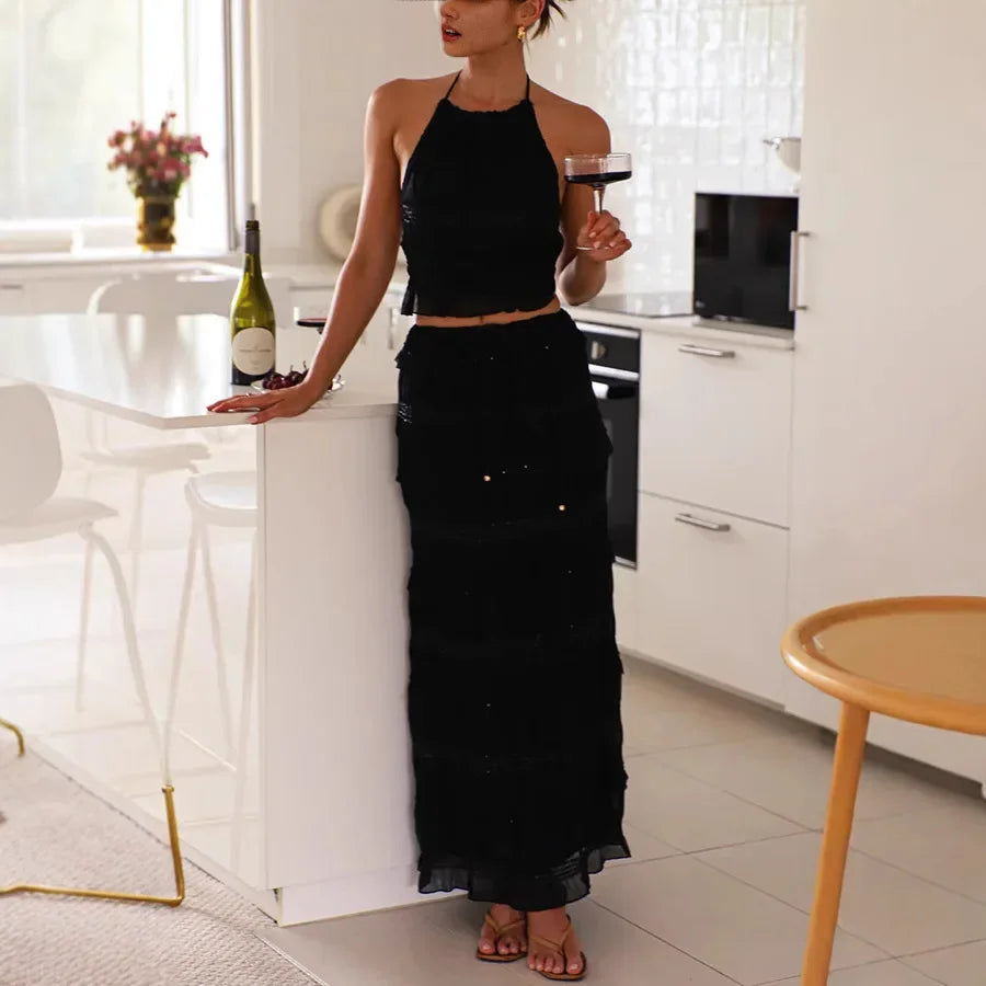 Holiday Fashion Women Hollow-out Backless Long Skirt Suit Slim Outfit 2025 Spring Summer Chiffon Solid Halter Top Two Piece Set