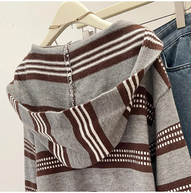 Plus Size Women's Clothing 2024 Autumn and Winter New Fashion Lazy Knit Sweater Chubby Girl Striped Hooded Sweater Jacket Coat