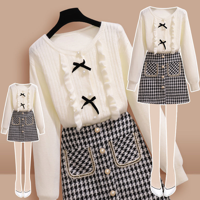 Spring Autumn Fashion Suit Women's 2025 Korean Cute Bowknot Sweater Short Plaid Skirt Two Piece Set Knit Tops Skirt Outfits