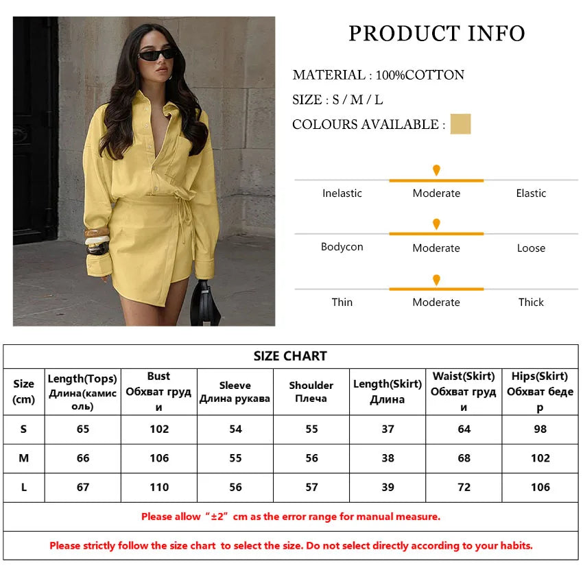 Clacive Fashion Loose Yellow Cotton Skirts Sets For Women 2 Pieces 2025 Elegant Long Sleeve Shirt With High Waist Mini Skirt Set