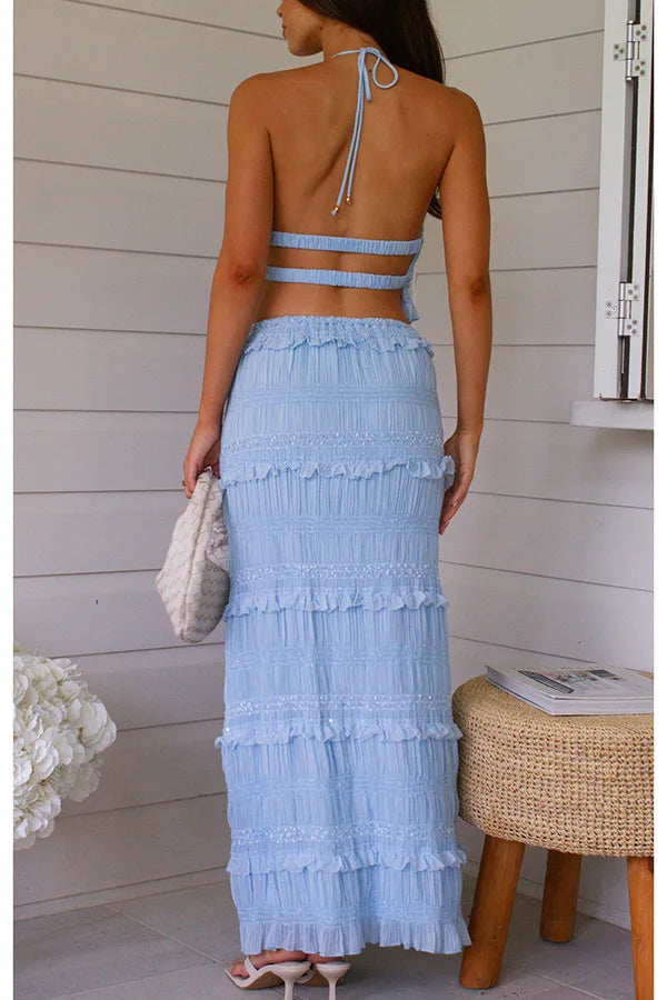 Holiday Fashion Women Hollow-out Backless Long Skirt Suit Slim Outfit 2025 Spring Summer Chiffon Solid Halter Top Two Piece Set