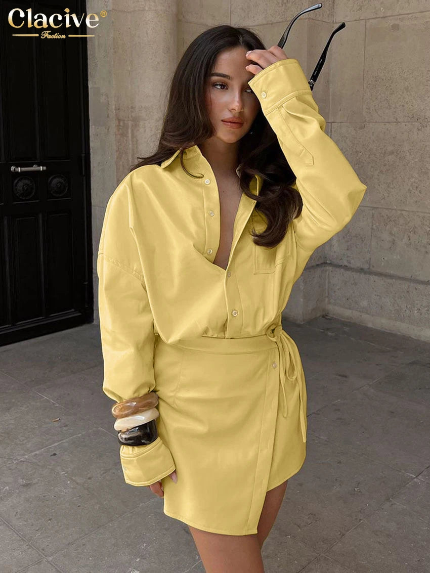 Clacive Fashion Loose Yellow Cotton Skirts Sets For Women 2 Pieces 2025 Elegant Long Sleeve Shirt With High Waist Mini Skirt Set