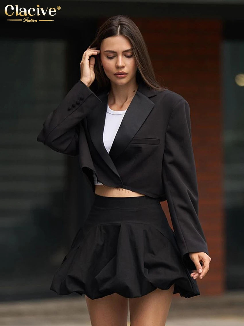 Clacive Fashion Loose Black 2 Piece Sets Women Outfit 2025 Elegant Long Sleeve Crop Top With High Waist Pleated Mini Skirt Set