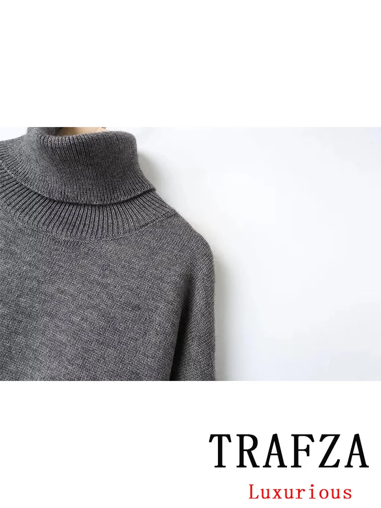 TRAFZA Vintage Casual Chic Solid Women Suit Turtleneck Straight Sweater Mini Ruffles Skirt Fashion 2025 Spring Knitted Suits