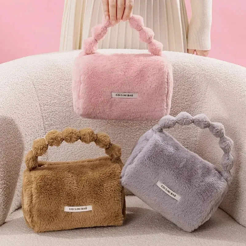 Sac de maquillage fourre-tout en peluche pour femmes, sac à main de toilette cosmétique de voyage, sacs de maquillage portables pour filles, pocommuniste de stockage, mode mignonne