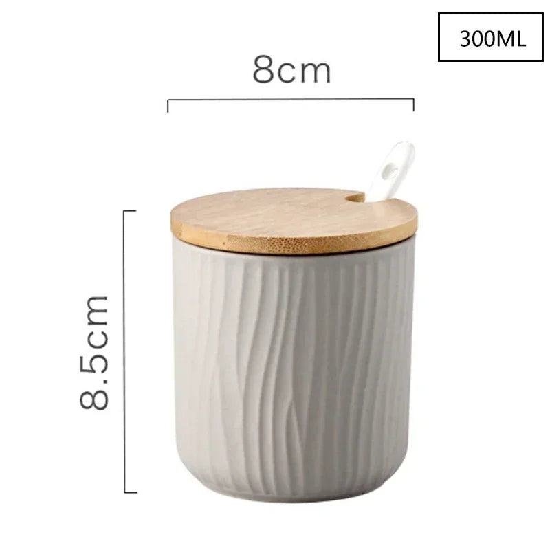 Pots d'assaisonnement en céramique avec couvercle en bois, salières, fournitures de cuisine, ensemble de cuillères à épices blanches, boîte à sucre blanche