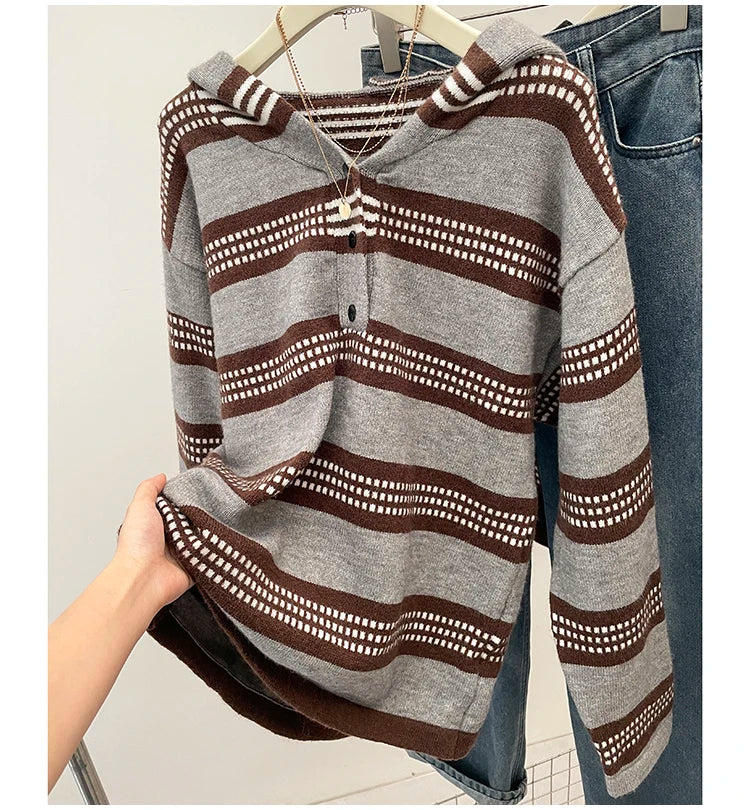 Plus Size Women's Clothing 2024 Autumn and Winter New Fashion Lazy Knit Sweater Chubby Girl Striped Hooded Sweater Jacket Coat