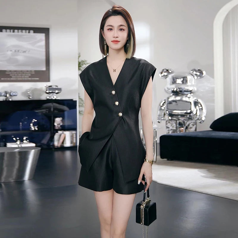 Fashion Summer Office Ladies Two Piece Set 2025 New High Quality Women V Neck Single Breasted Split Tops + Wide Leg Shorts Suits