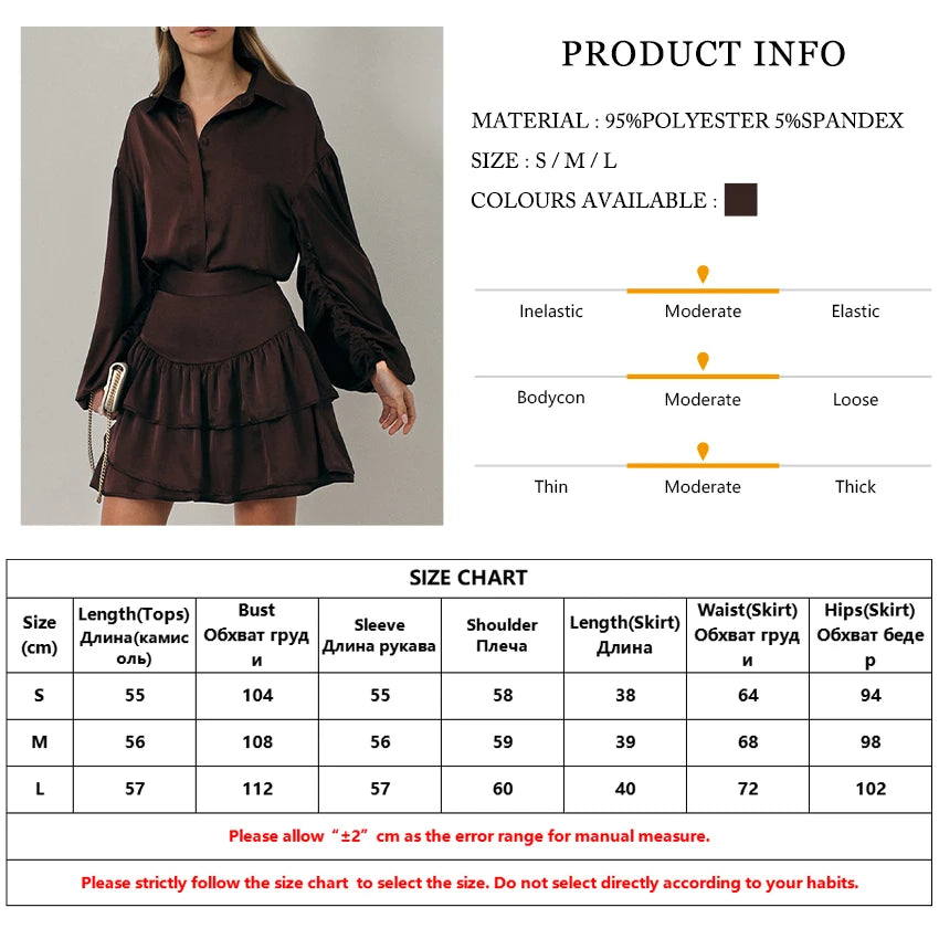 Clacive Fashion Loose Brown Satin 2 Piece Set Women Outfit 2025 Elegant Long Sleeve Shirt With High Waist Pleated Mini Skirt Set