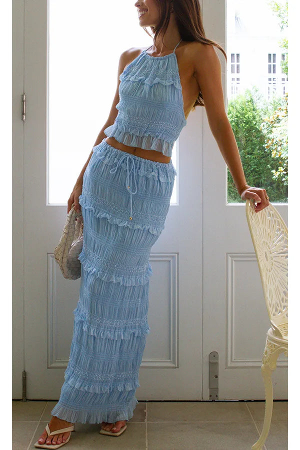 Holiday Fashion Women Hollow-out Backless Long Skirt Suit Slim Outfit 2025 Spring Summer Chiffon Solid Halter Top Two Piece Set