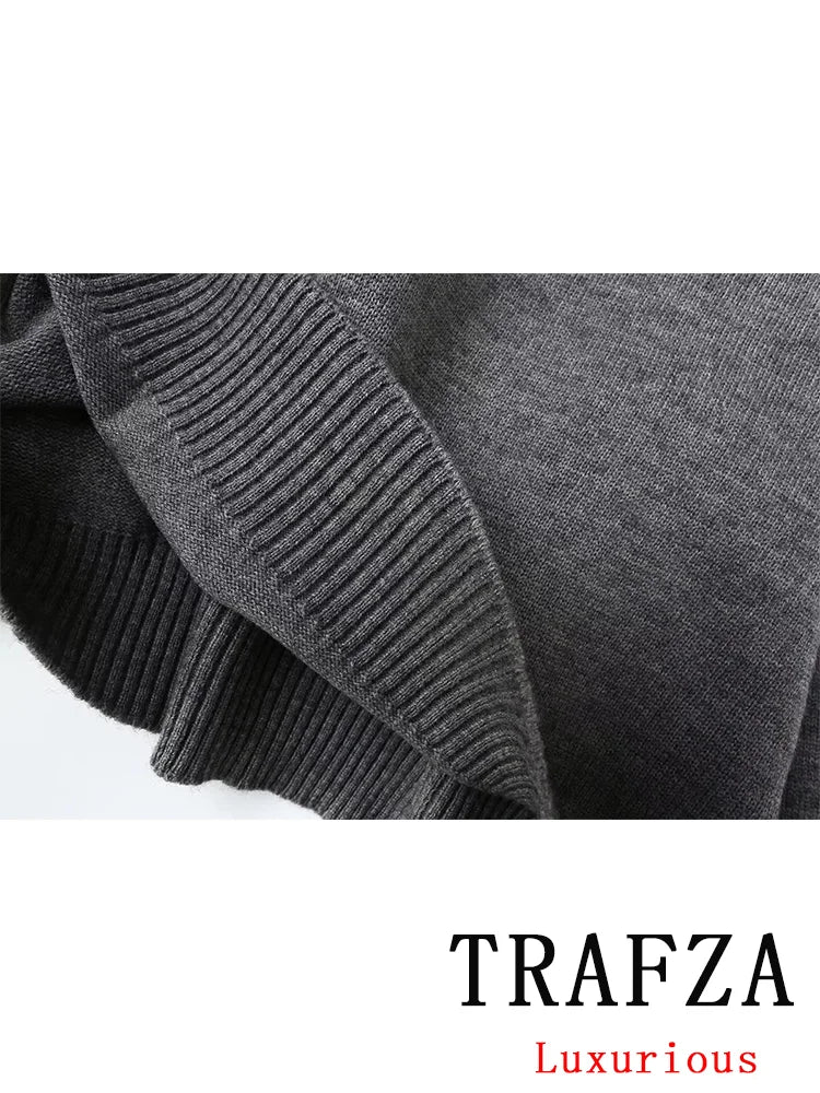 TRAFZA Vintage Casual Chic Solid Women Suit Turtleneck Straight Sweater Mini Ruffles Skirt Fashion 2025 Spring Knitted Suits