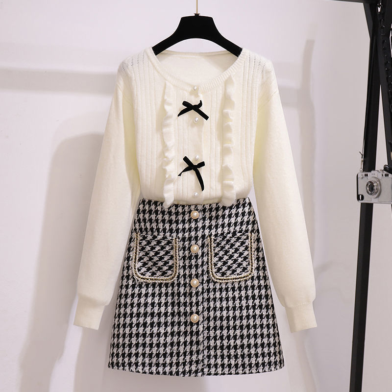 Spring Autumn Fashion Suit Women's 2025 Korean Cute Bowknot Sweater Short Plaid Skirt Two Piece Set Knit Tops Skirt Outfits