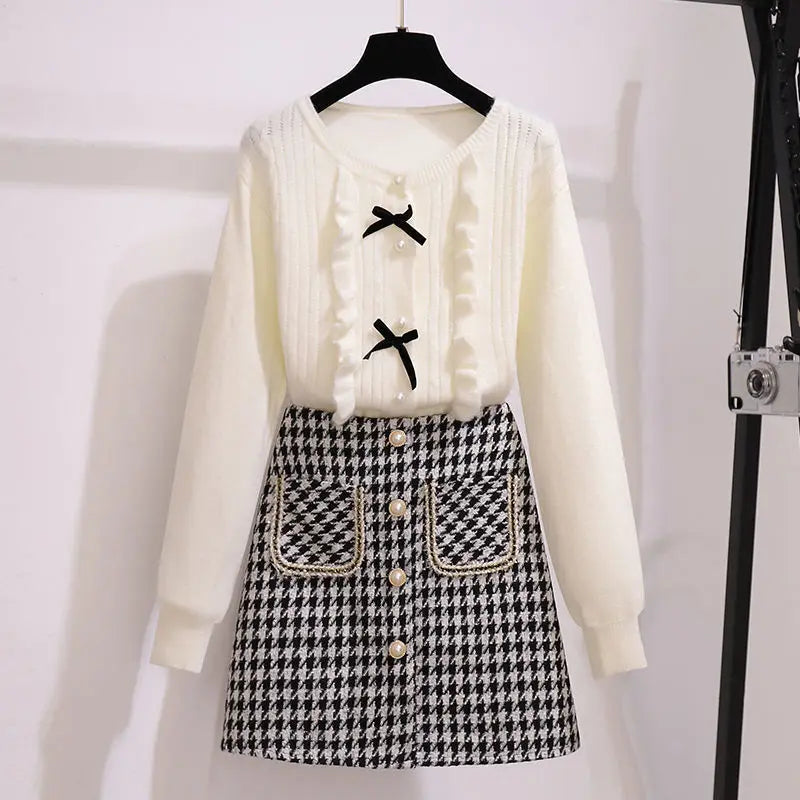 Spring Autumn Fashion Suit Women's 2025 Korean Cute Bowknot Sweater Short Plaid Skirt Two Piece Set Knit Tops Skirt Outfits