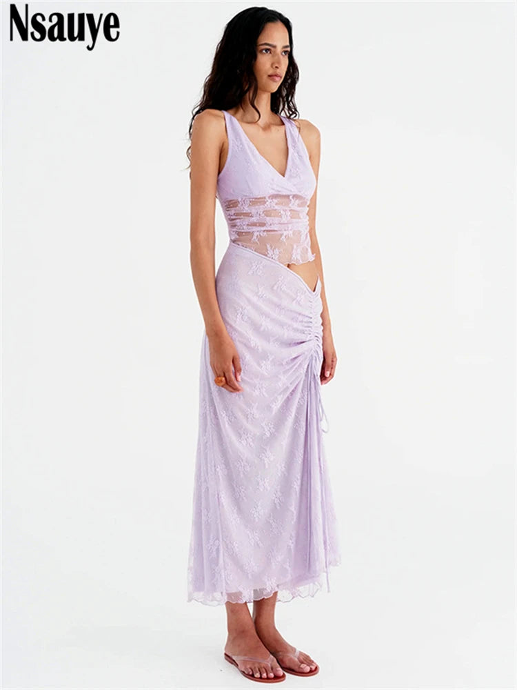 Nsauye Summer 2025 Sexy Club Vest Crop Tops Long Women Elegant Low Waisted Maxi High Split New Fashion Skirt Dress Two Piece Set