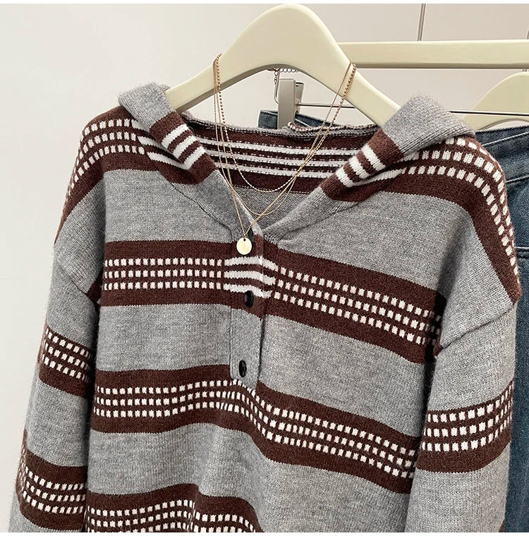 Plus Size Women's Clothing 2024 Autumn and Winter New Fashion Lazy Knit Sweater Chubby Girl Striped Hooded Sweater Jacket Coat