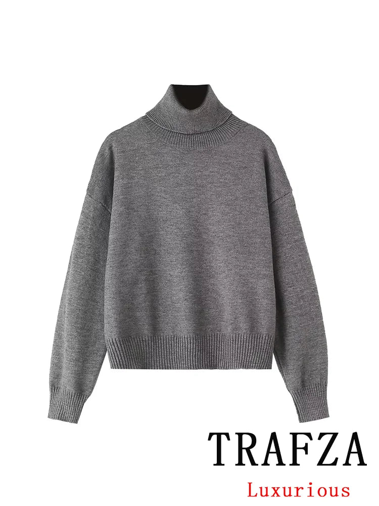 TRAFZA Vintage Casual Chic Solid Women Suit Turtleneck Straight Sweater Mini Ruffles Skirt Fashion 2025 Spring Knitted Suits