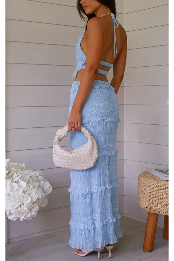 Holiday Fashion Women Hollow-out Backless Long Skirt Suit Slim Outfit 2025 Spring Summer Chiffon Solid Halter Top Two Piece Set