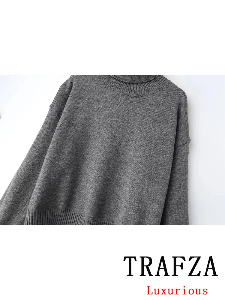 TRAFZA Vintage Casual Chic Solid Women Suit Turtleneck Straight Sweater Mini Ruffles Skirt Fashion 2025 Spring Knitted Suits