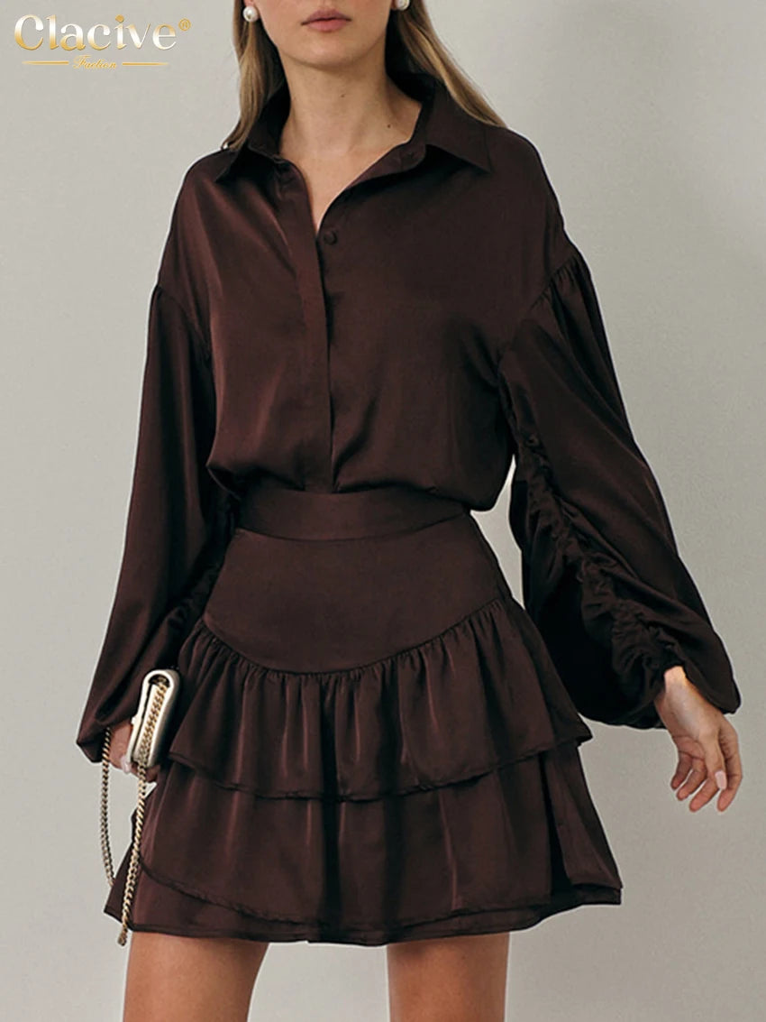 Clacive Fashion Loose Brown Satin 2 Piece Set Women Outfit 2025 Elegant Long Sleeve Shirt With High Waist Pleated Mini Skirt Set